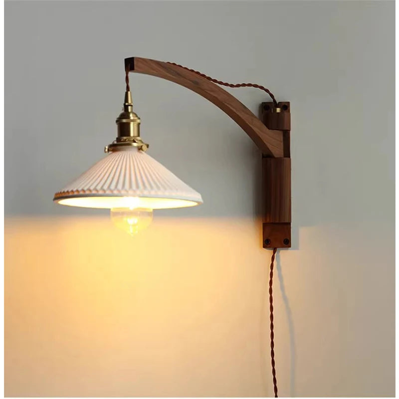 Vintage foldable solid wood walnut wood wall lamp wabi-sabi Japanese brass ceramic homestay bedroom bedside wall lamp