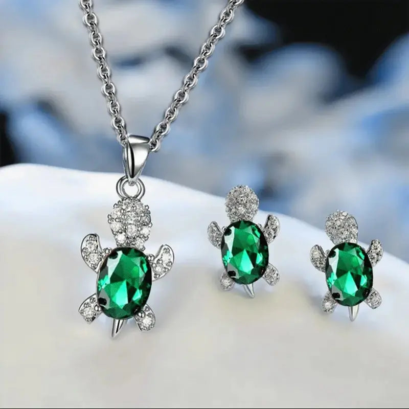 3pcs Silver-plated Necklace Earrings Set Ladies Light Luxury Fashion Style Turtle Shape With Multi Color Glass Diamond