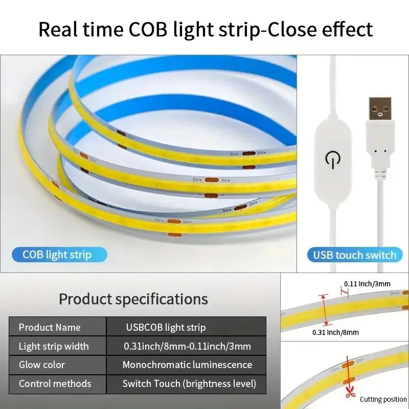 LED COB Light Strip Touch Dimmer Flexible Diode Tape 5V USB Linear Indoor Lighting Lamp Room DIY TV Mirror Backlight Wall Decor