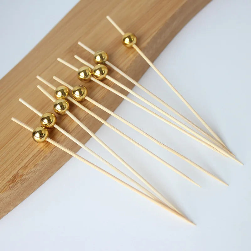 100Pcs Wedding Pearl Disposable Bamboo Skewers Wooden Cocktail Picks Fruit Picks Snack Fork Skewer Wedding Party Supplies