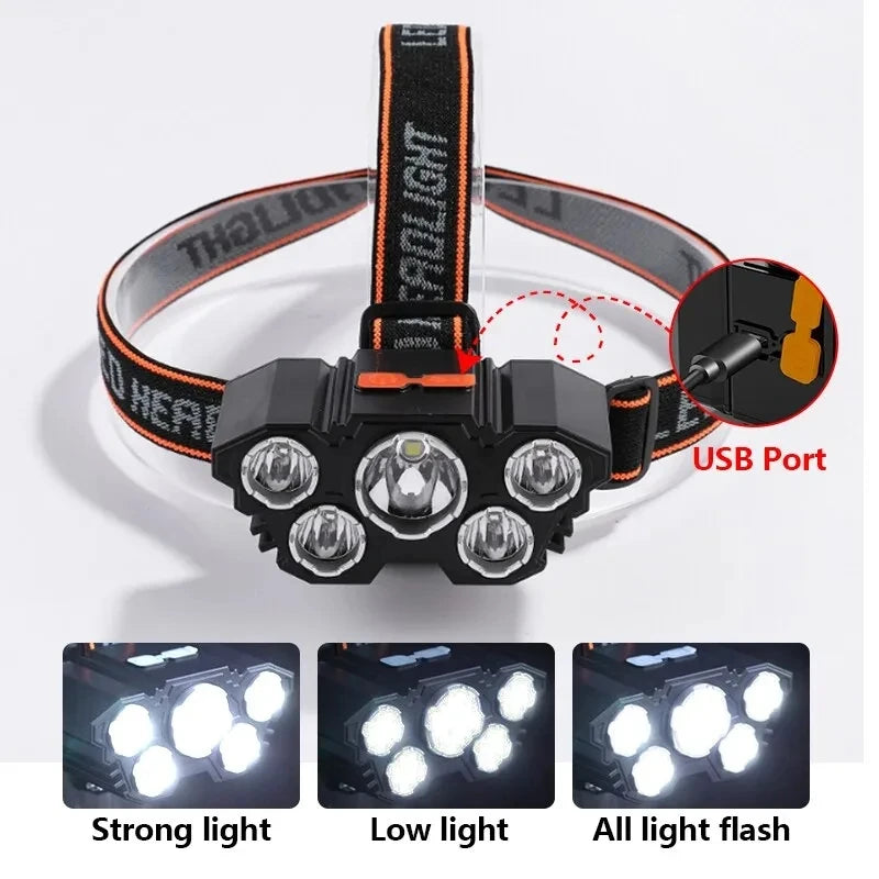 5 LEDs Headlamp Super Bright USB Rechargeable Built-in Battery Camping LED Headlight Waterproof Head Flashlight Fishing Lantern