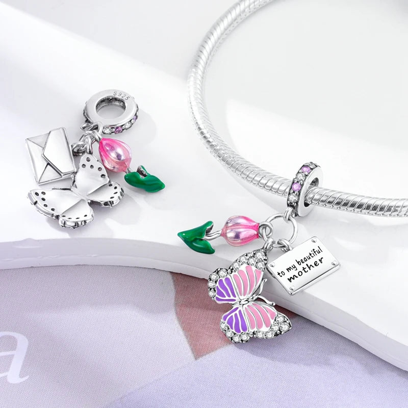 Brilliant Colorful Flower Charm Beads 925 Sterling Silver Bellflower Tulip Rose Dangle Fit Original Bangle Bracelet DIY Jewelry