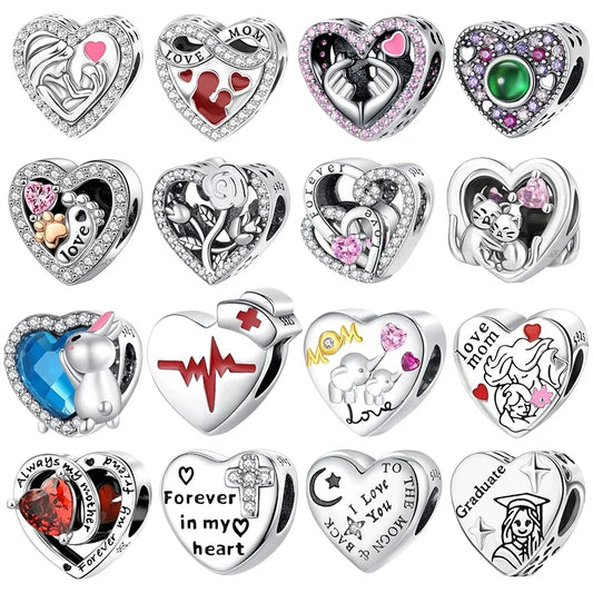 925 Sterling Silver Forever Love Mother Heart-shaped Dangle Charms Fit Original Bracelet Beads DIY for Jewelry Making