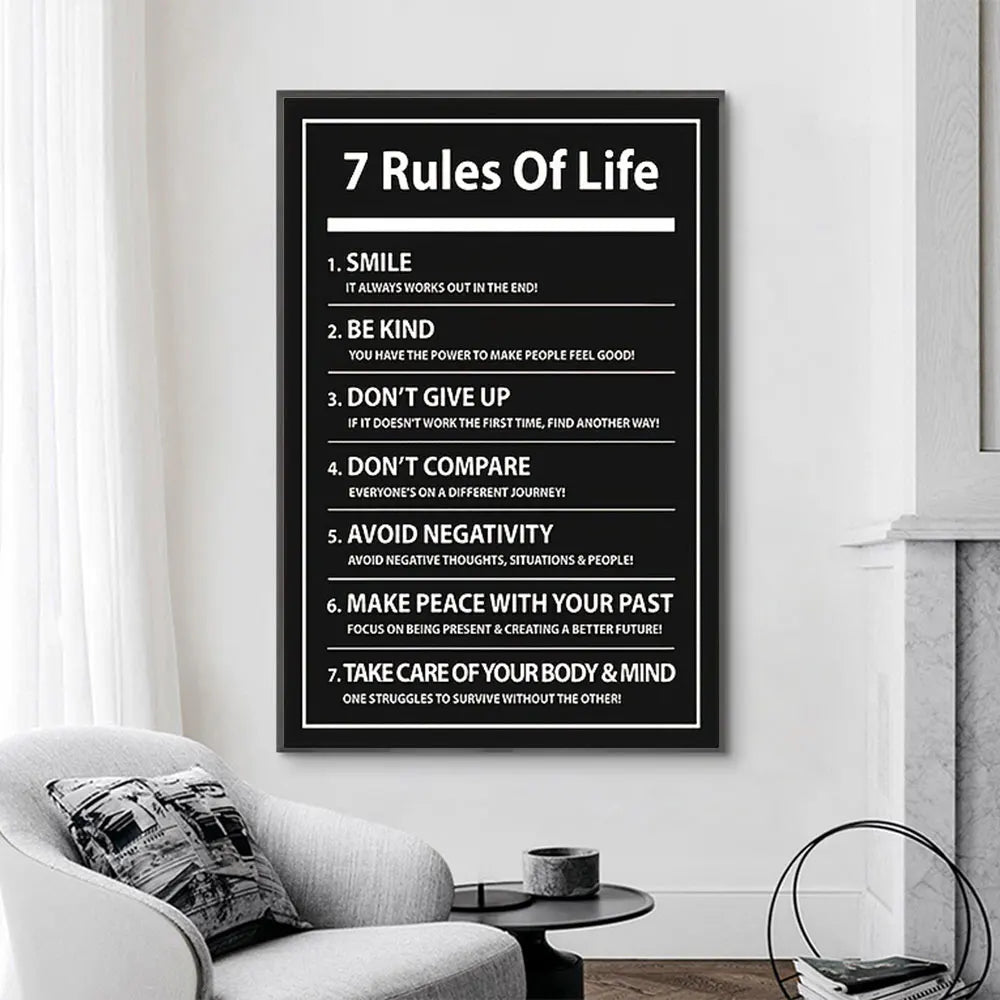 7 Rules of Life: Inspiring Letter Black Prints Motivational Quote Canvas Poster for Home Office Decor