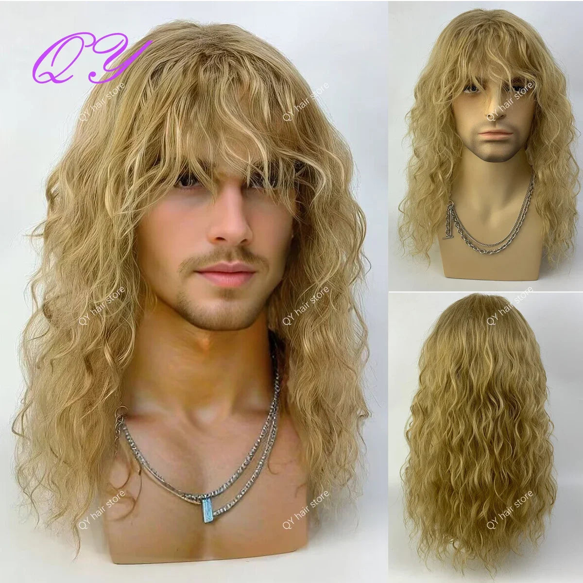 Synthetic Men Wig Natural Curly Dark Brown Color Male Wig With Bangs Water Wave Daily or Cosplay Adjustable Man Hair Wig