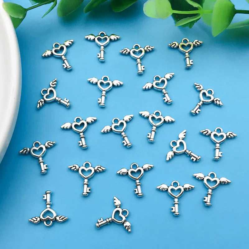 10/20pcs Antique Silvery Angel Wings Key Heart Creative Charm For Jewelry Making Bracelet Necklace Earrings Keychain DIY Handmad