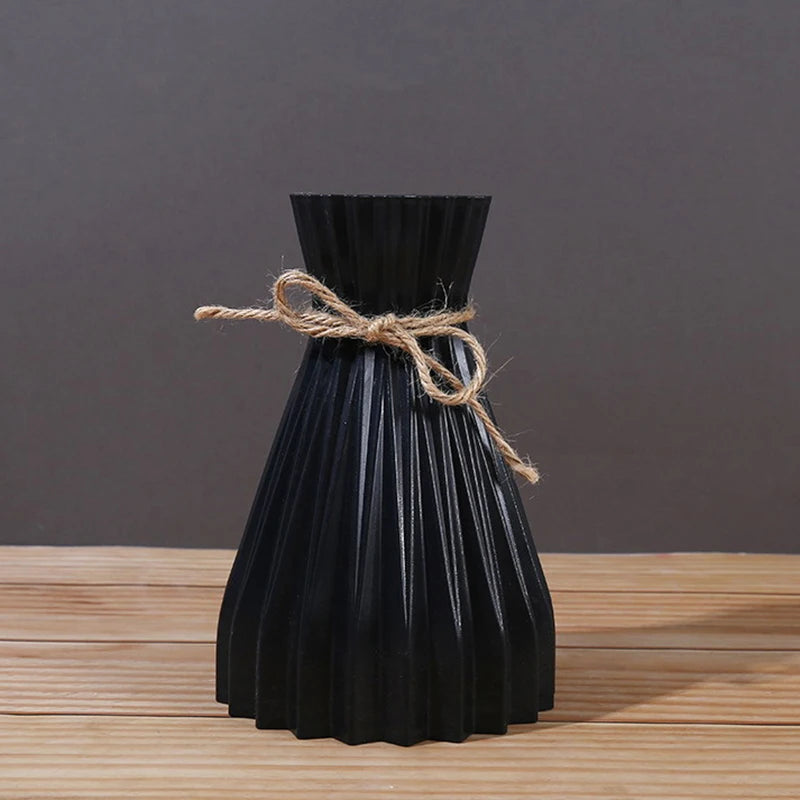 1Pc Narrow Waist Origami Striped Tabletop Vase Simple Home Decor Creative Twine Bow Imitation Ceramic Plastic Flower Vase