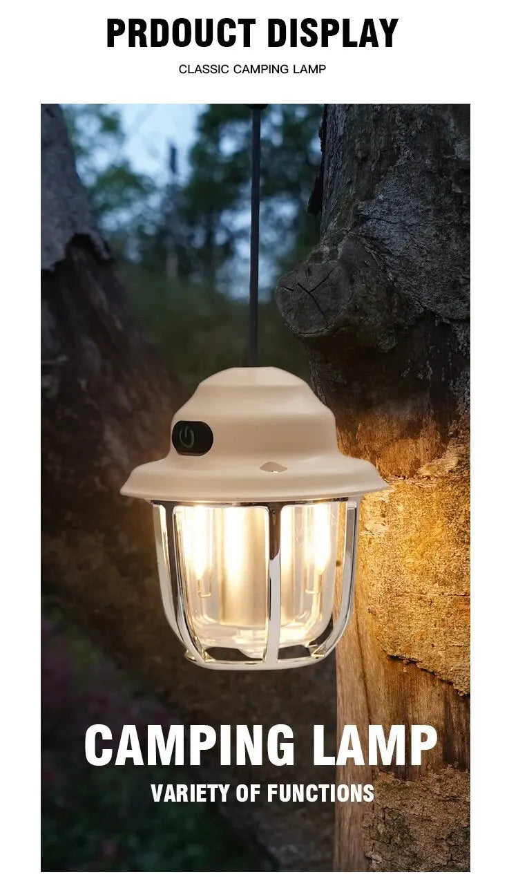 LED Camping Lamp 1200mAh Retro Hanging Tent Lamp 2700K/6500K Emergency Light Lantern IPX4 Waterproof Type C Charging for Outdoor