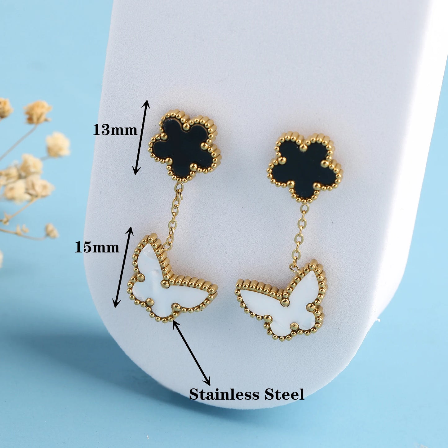 Classic Luxury Stainless Steel Five Leaf Flower Butterfly Double Flower Drop Earrings Simple for Woman New Party Jewelry Clover