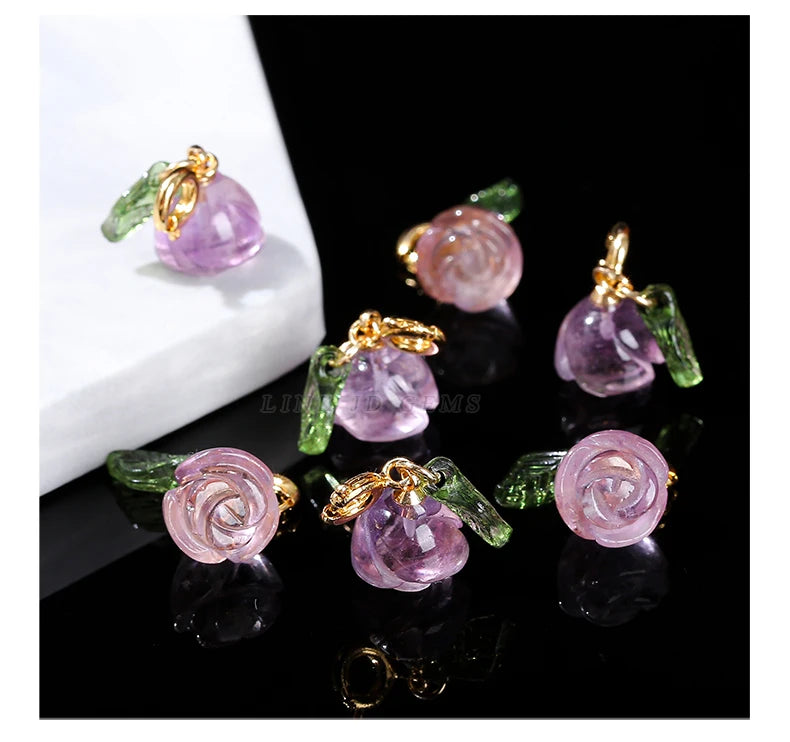 1 Pc Natural Amethyst Rose Flower Shape Copper Buckle Pendant Quality Charm For Jewelry Making Diy Necklace Bracelet Accessory