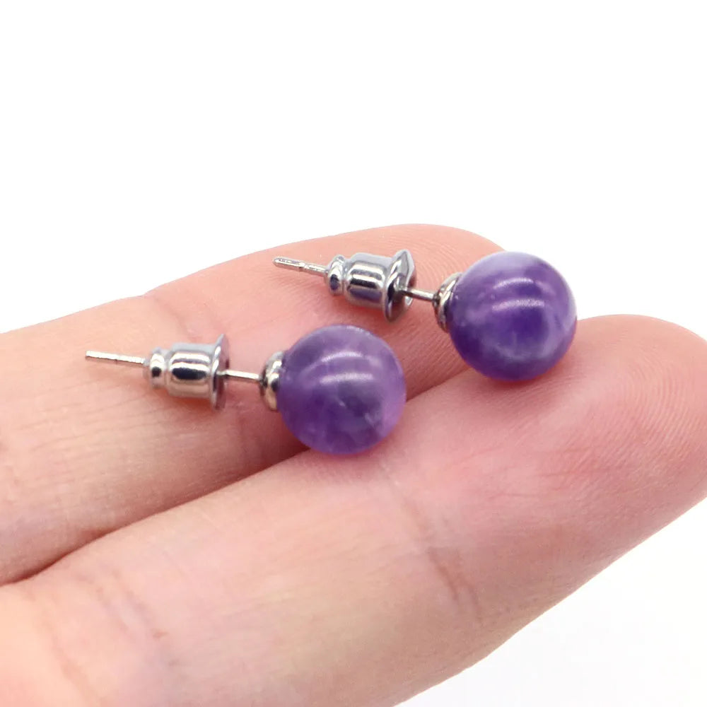 Natural Stone Crystal Round Ball Beads Studs Crystals Gemstone Amethyst Rose Quartz Agate Fashion Earrings Jewelry for Women