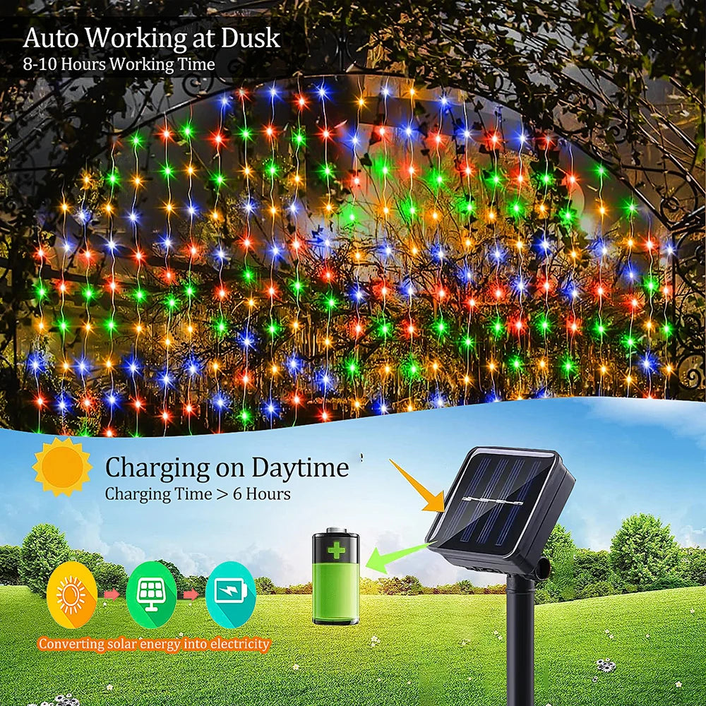 Outdoor Solar Curtain Light 300LED Waterproof String Lights Garden Yard Pavilion Fairy Garland String Lights Holiday Decor Light