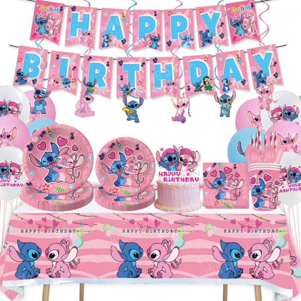 Disney Lilo Stitch Birthday Decorations Pink Angel Theme Party Tableware Cake Toppers Balloons Happy Party Baby Shower Supplies