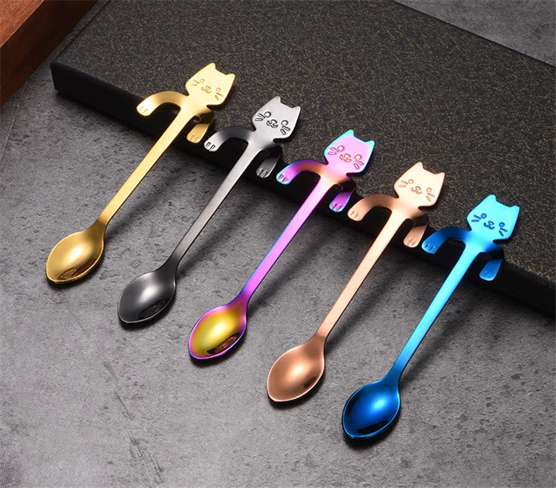 Stainless Steel Coffee Spoon Lovely Cute Cat Shape Teaspoon Dessert Snack Scoop Ice Cream Mini Spoons Tableware Kitchen Tools