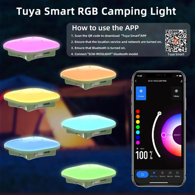 Camping Lantern Rechargeable Smart Light Bluetooth Control by Tuya APP Music Sync RGB LED Tent Lighting 13500mAh Outdoor 80W