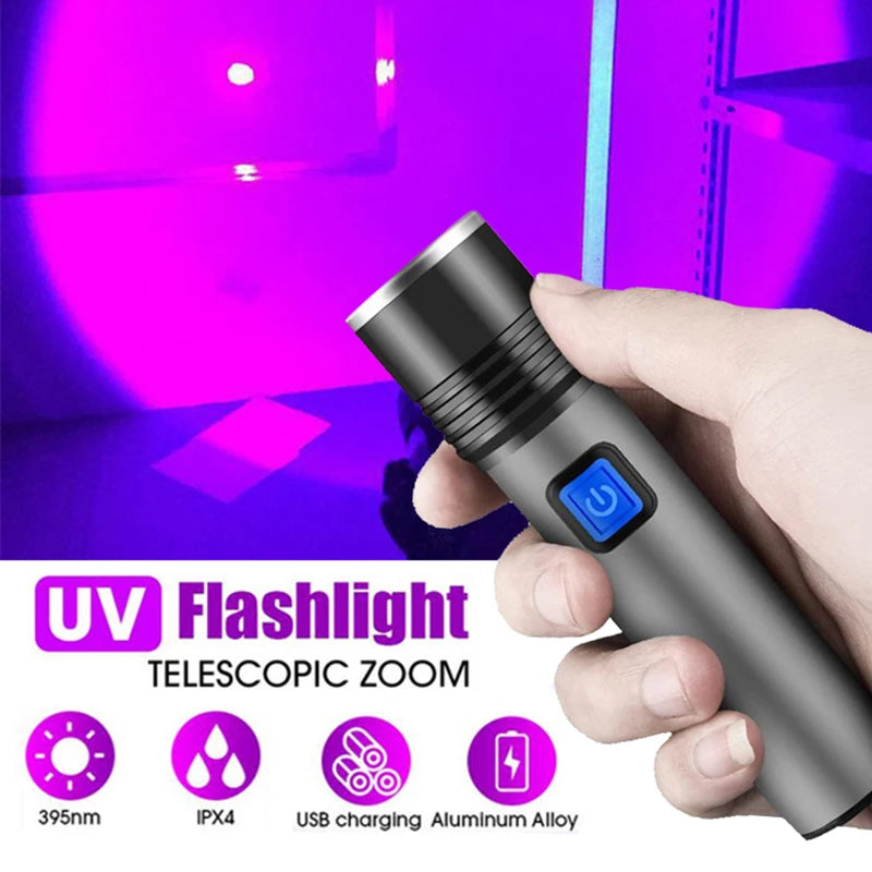 395nm UV Flashlight Blacklight Zoomable USB Rechargeable UV Light Ultraviolet Flashlight for Pet Urine Detector Resin Curing