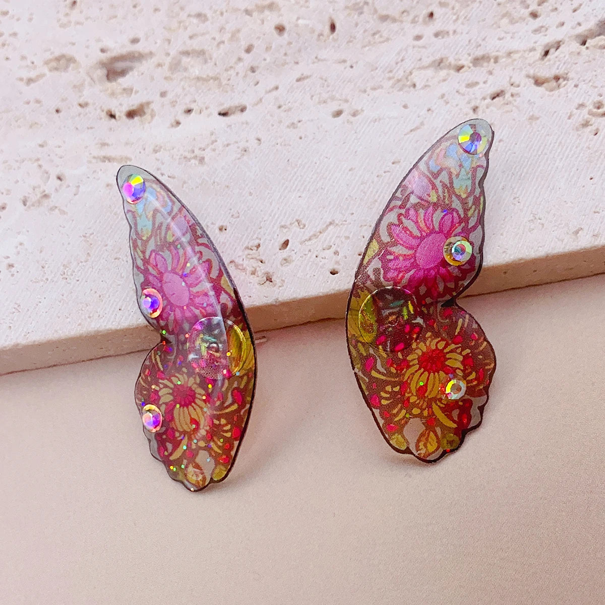 Minar Fairy Gradient Blue Color Resin Butterfly Wings Drop Dangle Earrings for Women Girls Rhinestone Glitter Pendant Earring