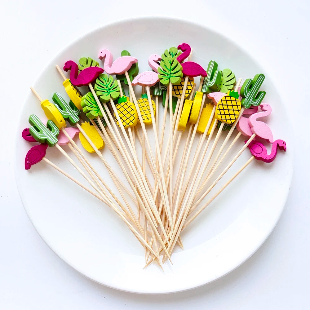 50/100Pcs Disposable Bamboo Skewer Hawaii Party  Buffet Food Picks Cupcake Fruit Fork Party Dessert Salad Stick Toothpick Skewer