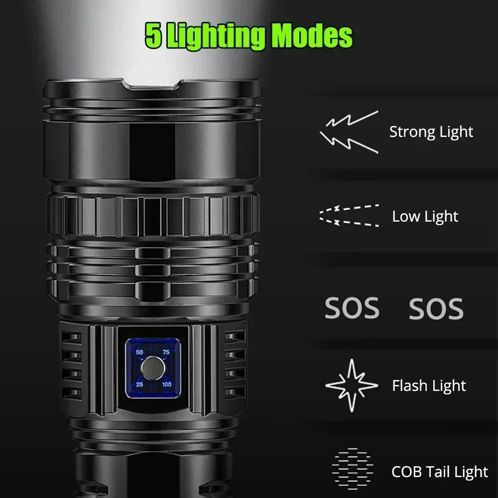 Ultra Bright LED Flashlight Powerful Tactical Torch 15000mah Built-in Battery Emergency Camping Spotlights With Tail Light