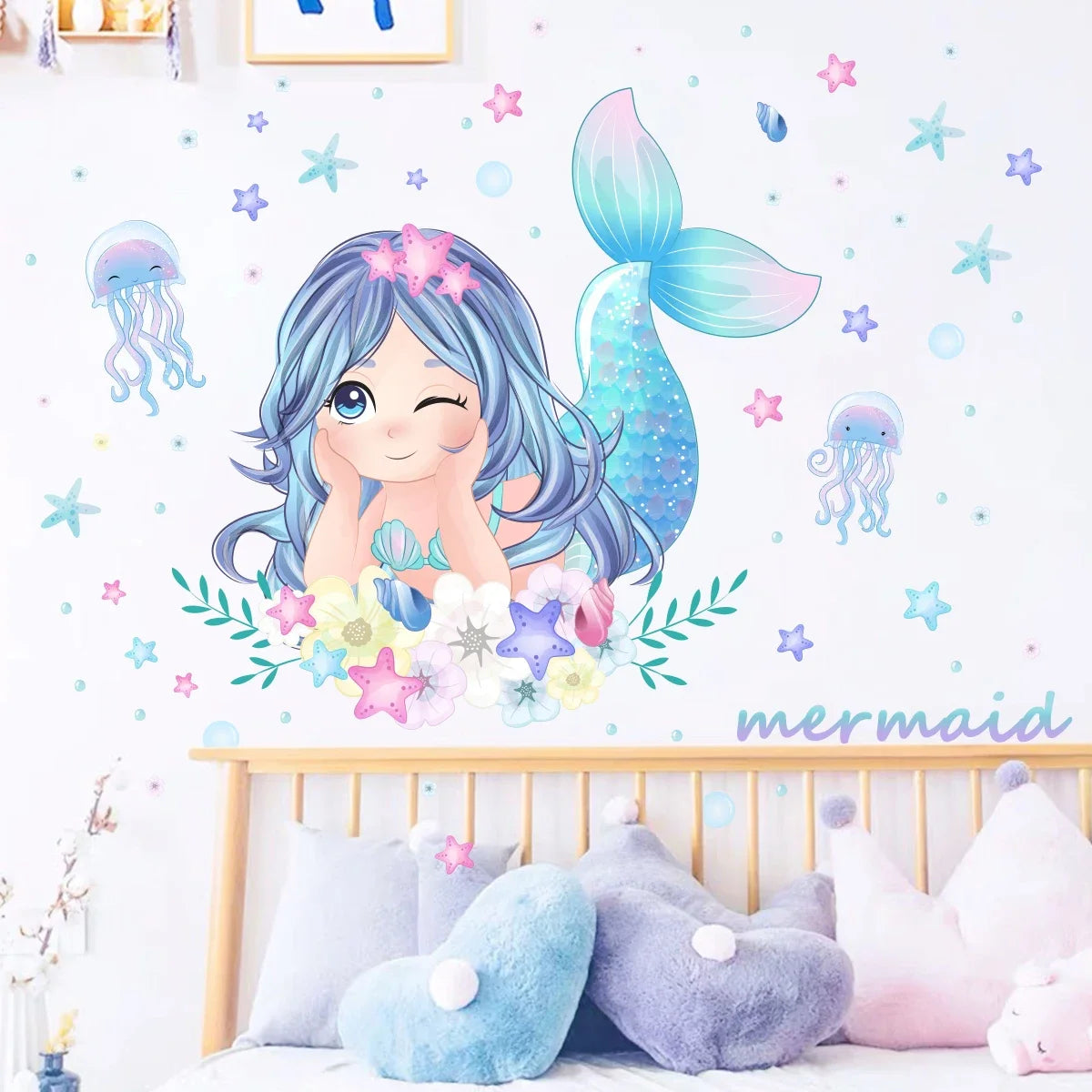 Cute Cartoon Mermaid Jellyfish Starfish Wall Stickers for Kids Room Decor Bedroom Living Room Home Decoration Wall Decals