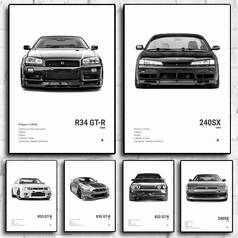 Pop Black and White Japan Cars Luxury Super Sport Car Poster Aesthetic R34 Gtr 240sx Canvas Print for Wall Art Garage Room Decor