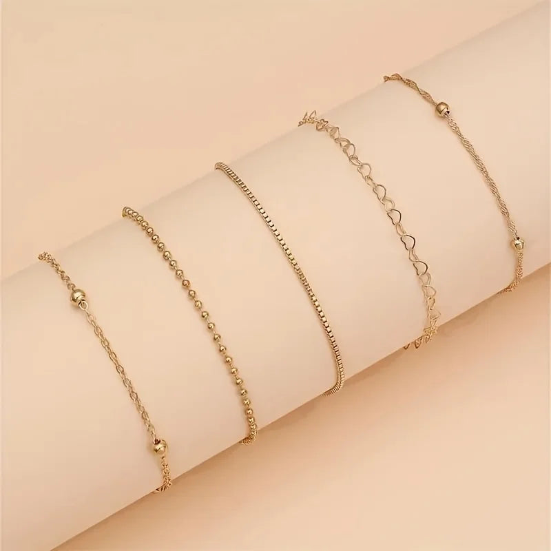 5 Pcs Set Of Tiny Golden Chain Design Bracelet Zinc Alloy Jewelry Elegant Leisure Style For Women Daily Stackable Hand Chain