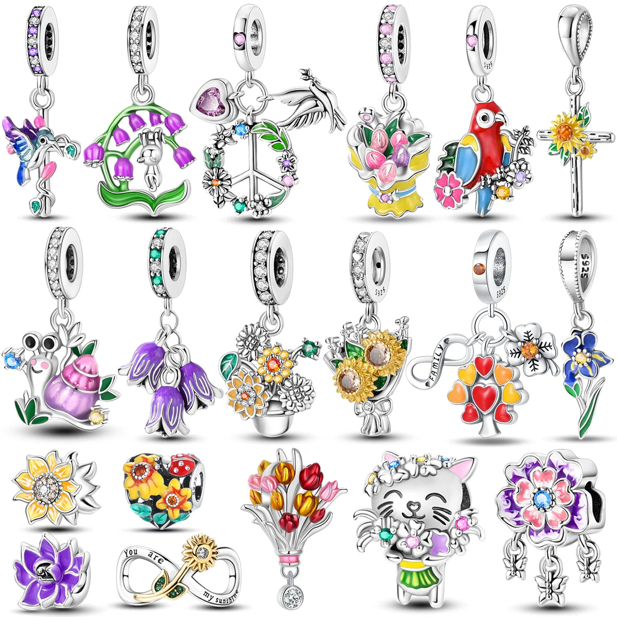 Brilliant Colorful Flower Charm Beads 925 Sterling Silver Bellflower Tulip Rose Dangle Fit Original Bangle Bracelet DIY Jewelry