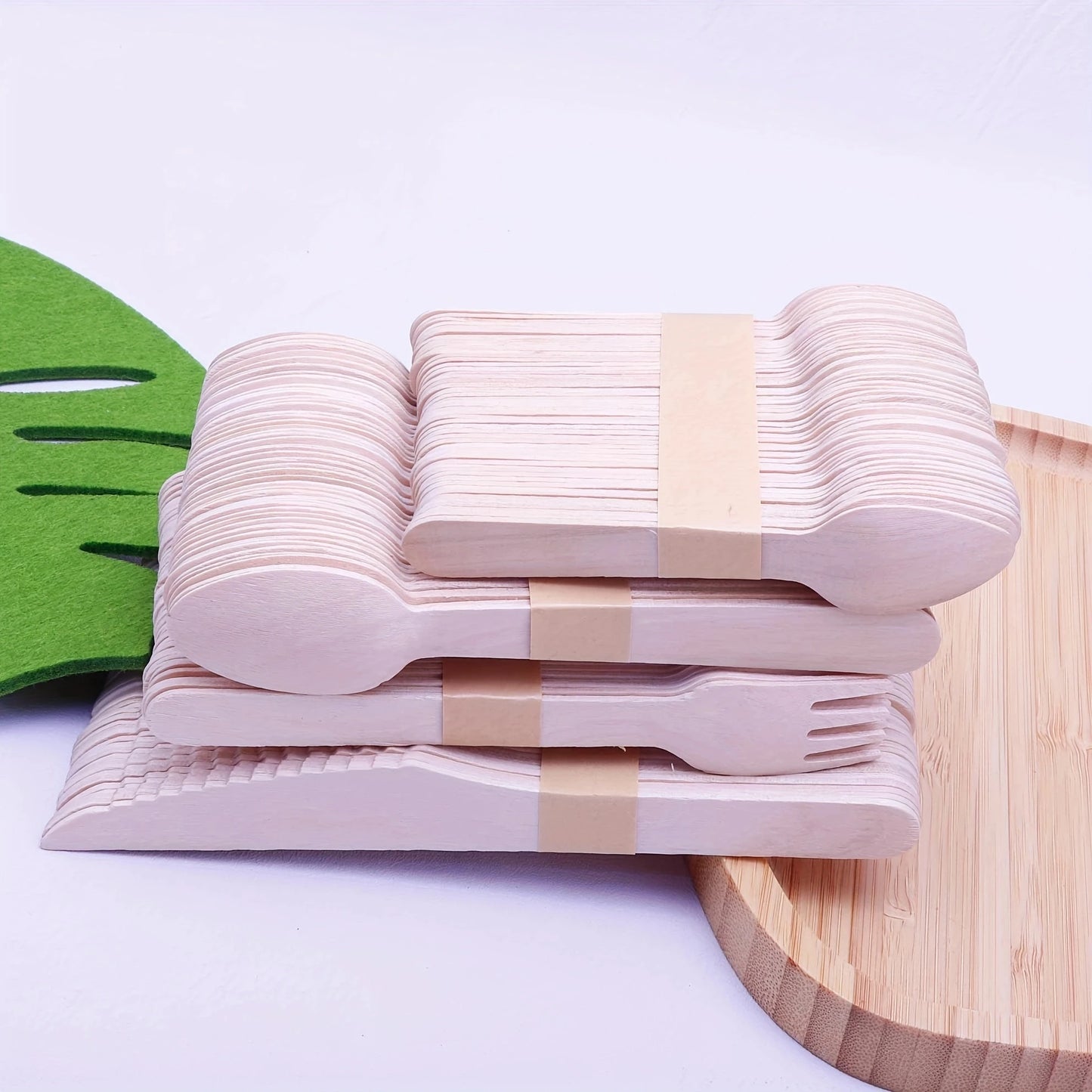 200 Pcs Party Disposable Wooden Tableware Set -(50 Forks, $50, 50 Spoons, 50 Teaspoons), Bamboo Garden Utensil