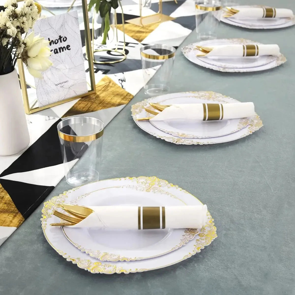 Multi piece set -disposable gold-plated embossed plate with PS hard plastic tableware, knives, forks, spoons for various parties