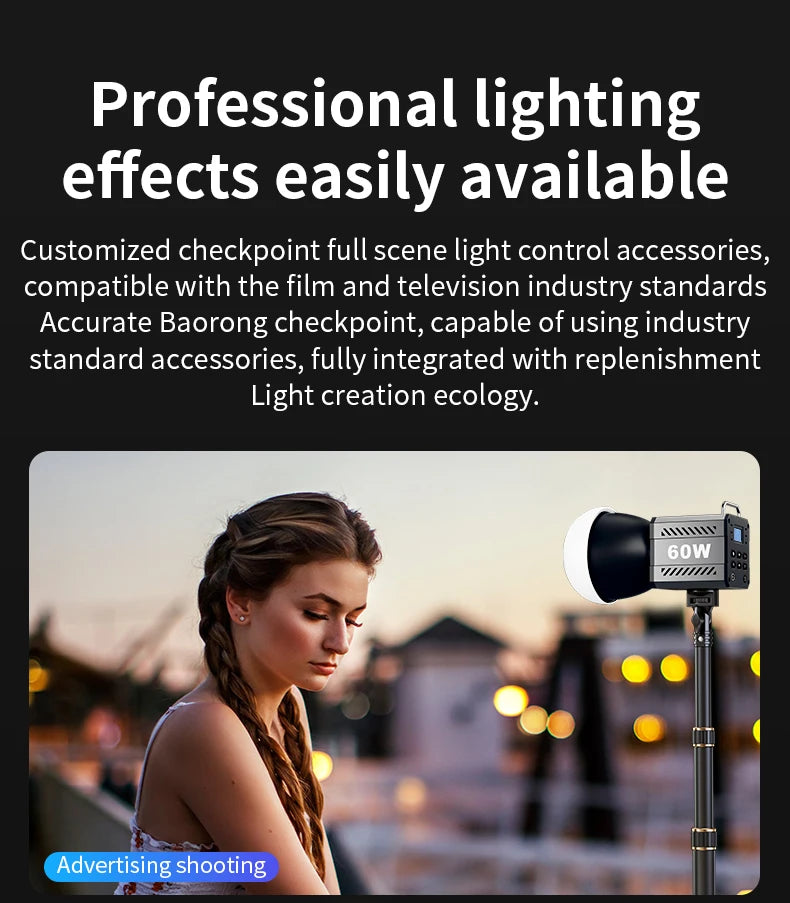 Bi-Color Camera Light 400g Portable 60W COB Continuous Output Lighting CRI≥90 TLCI≥97 Handheld Indoor Outdoor Photography Lights