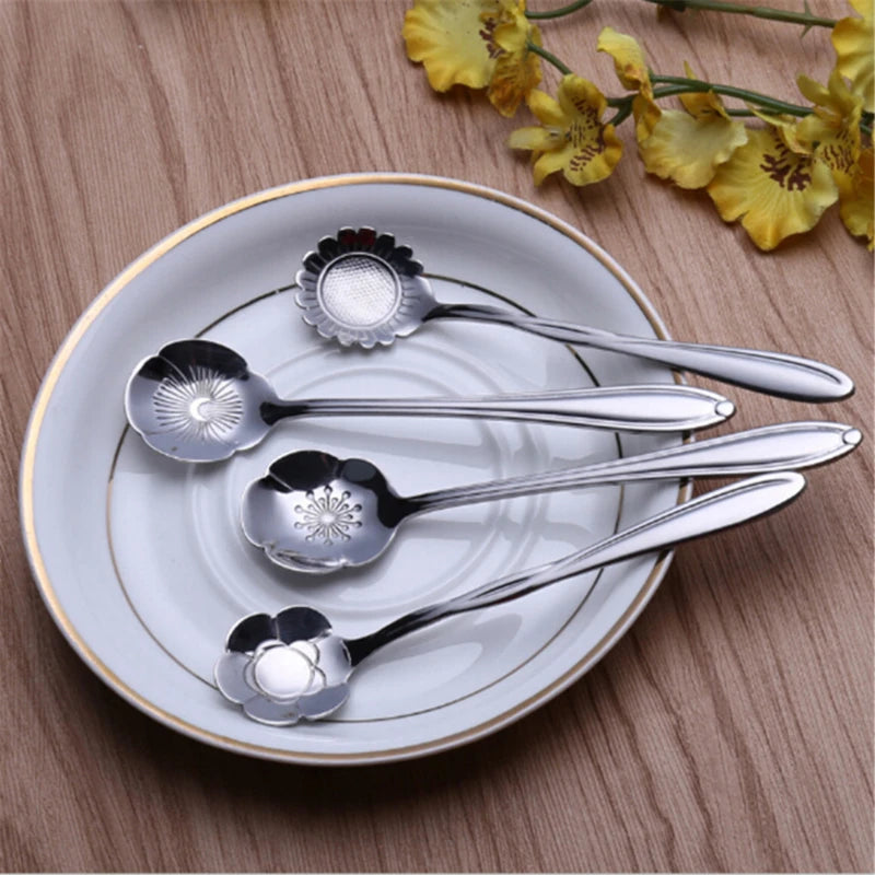 8pcs Stainless Steel Cherry Rose Flower Gold Scoop Coffee Spoon Gifts Kitchen Dessert Tea Accessories Tableware Decoration Set