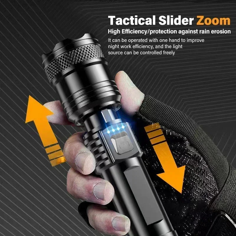 XHP70 Powerful Rechargeable Led Flashlight Variable Zoom 30W Torch Tactical Lantern Long Shot Torch Outdoor Camping Emergency