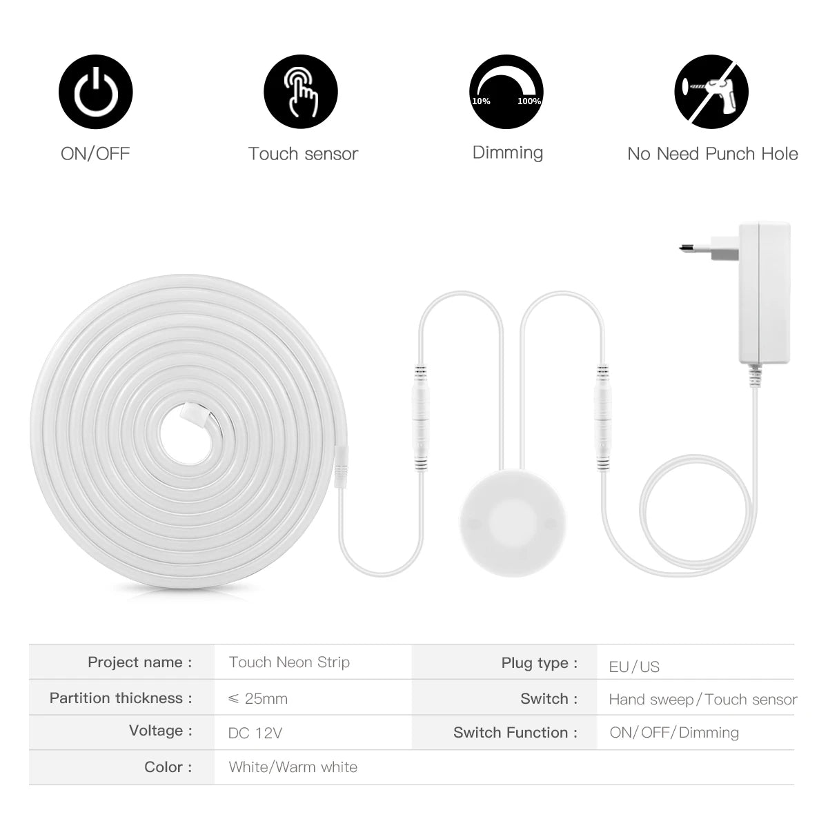 Hand Scan Sensor and Touch Dimmer Switch LED Strip Neon Lamp Waterproof Light Tape Bedroom Kitchen Cabinet Backlight Lighting