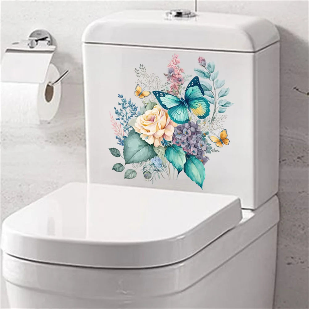 Butterfly Flowers Bathroom Toilet Wall Sticker Self-Adhesive Waterproof Removable Decals For Restroom WC Toilet Lid Decorations