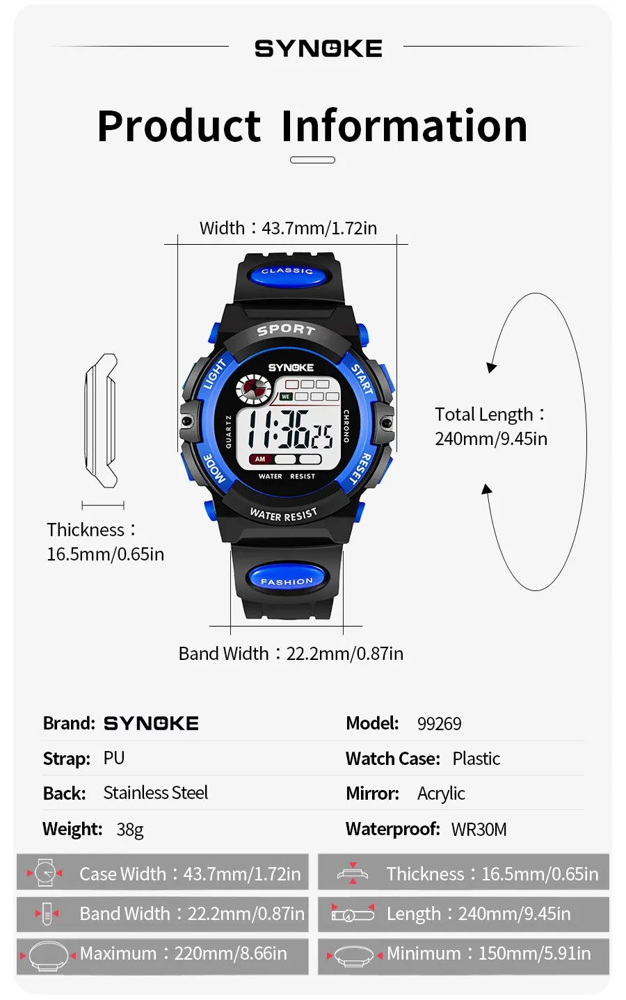 SYNOKE Student Kids Digital Watch Sports Waterproof Boy Electronic Watch Shock Resist Multifunctional Luminous Fashion