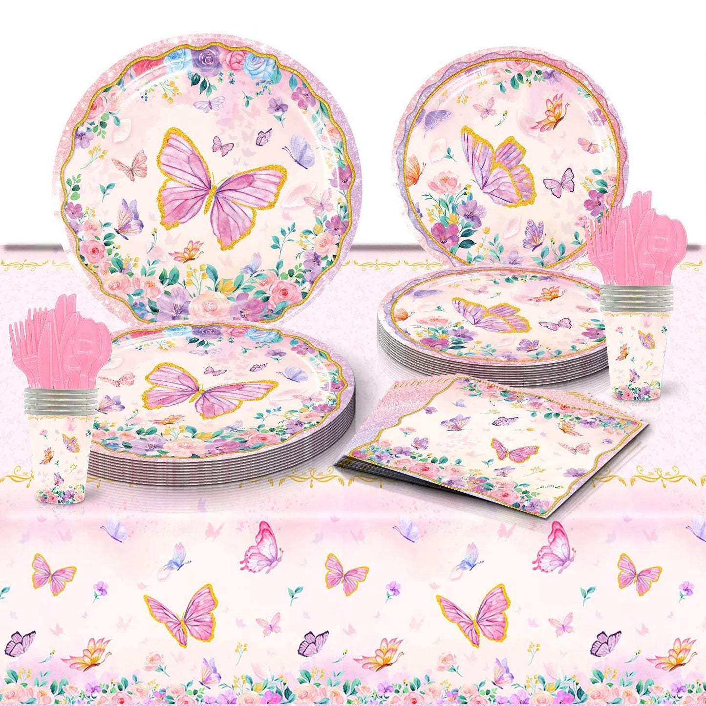 Butterfly Party Supplies Tableware Set for 8-20 Guests Butterfly Spring Floral Birthday Party Paper Plates Napkins Decorations