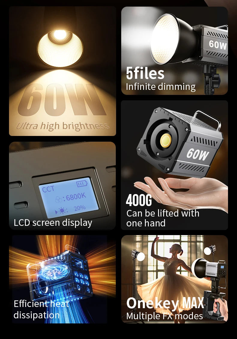 Bi-Color Camera Light 400g Portable 60W COB Continuous Output Lighting CRI≥90 TLCI≥97 Handheld Indoor Outdoor Photography Lights