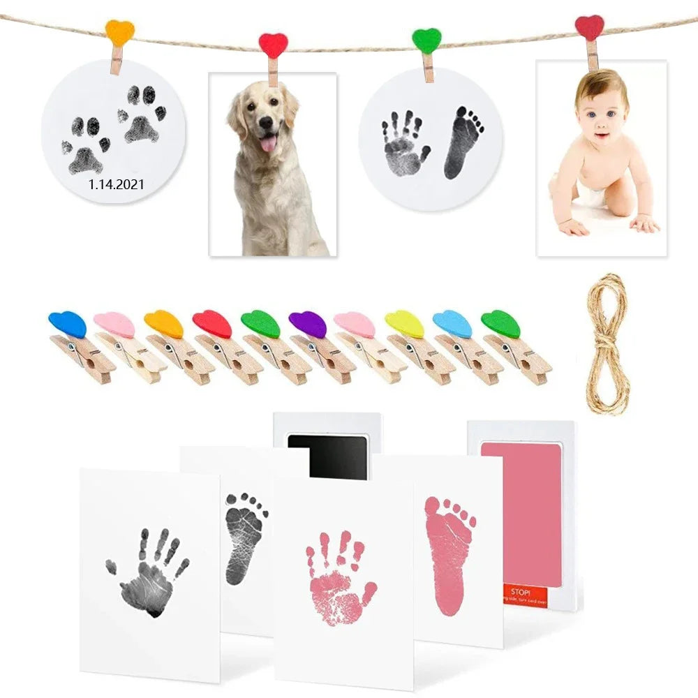 Safe Non-toxic Baby Footprints Handprint No Touch Skin Inkless Ink Pads Kits for 0-10 Months Newborn Pet Dog Footprint Souvenir