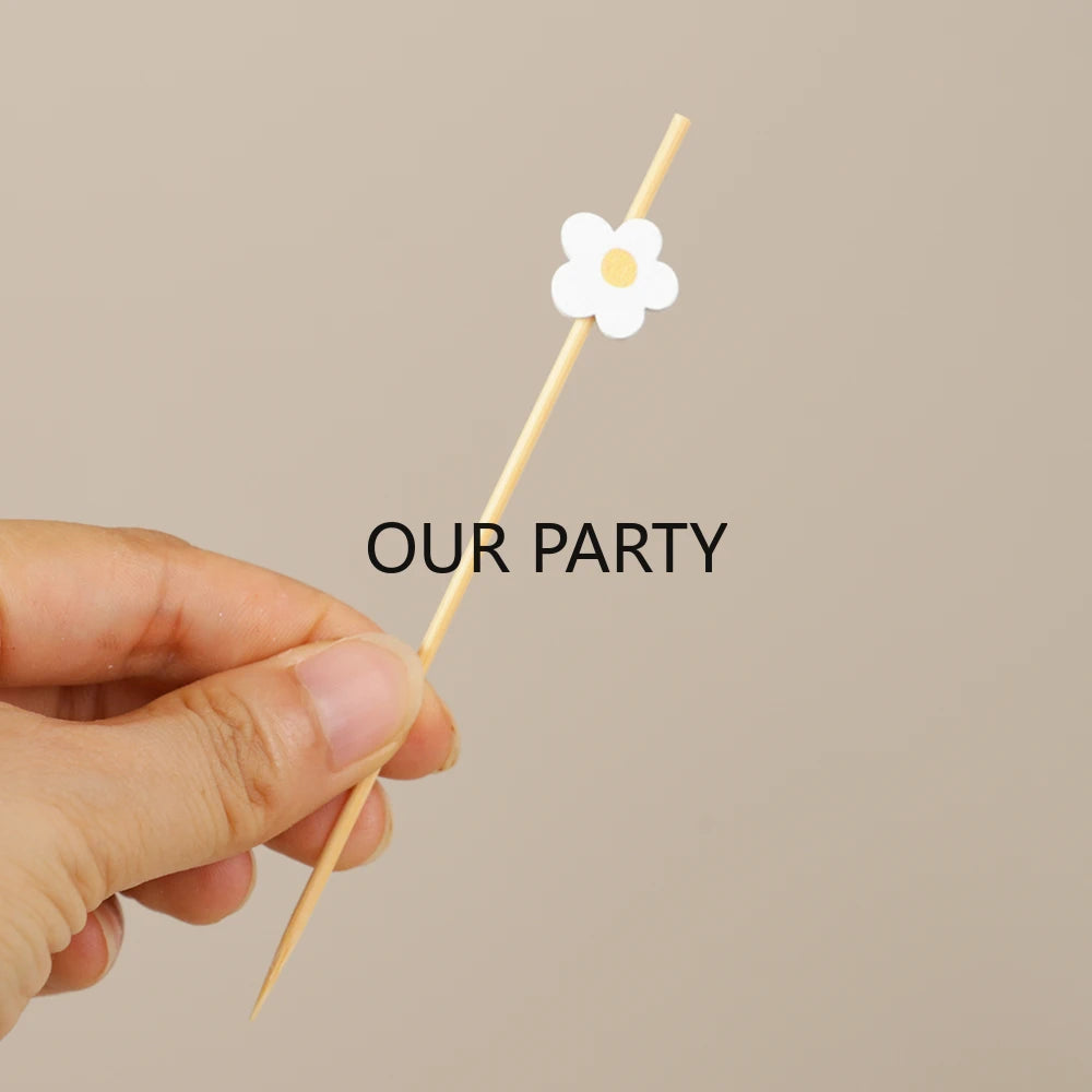 100Pc Sweet Daisy Flower Disposable Bamboo Food Picks Dessert Fruit Forks for Kids Birthday Wedding Baby Shower Party Decoration