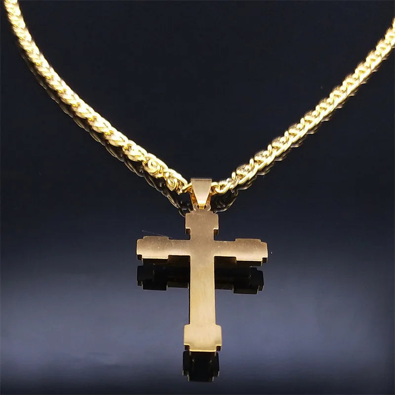 HNSP Cross Necklace Pendant Stainless Steel Luxury Zircon Jewelry Neck Accessories Christian Catholic Rosaries