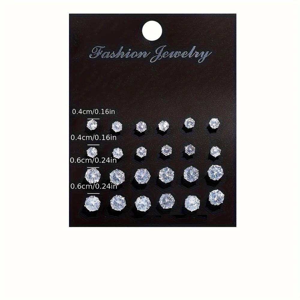 Maximum 12 Pairs Shiny Zircon Stud Earrings Set for Women Men Daily Versatile Chic Silver Color Crystal Ear Jewelry Accessories