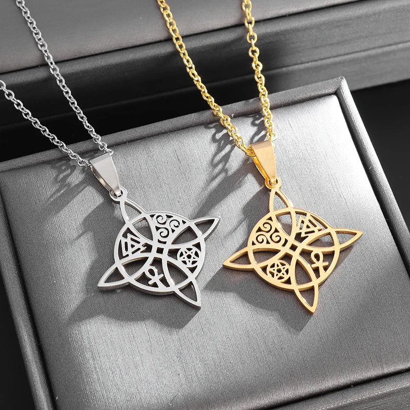 Witchcraft Witch Knot Necklace Irish Trinity Knot Triple Spiral Pendant Stainless Steel Ankh Cross Pentagram Amulet Jewelry