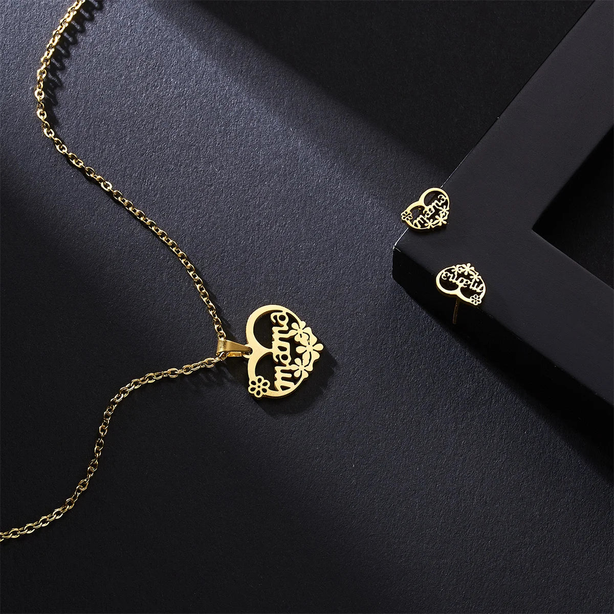 Stainless Steel Gold Color Mother's Day Jewelry Set For Women Hollow Heart Flower Mama Necklace Earrings Thanksgiving Day Gifts