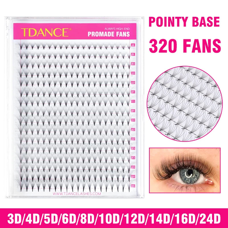 TDANCE 320Fans 16Lines Premade Volume Fans 3D/5D/6D/8D/10D/12D/14D/16D/24D Pointy Base Middle Stem Faux Mink Extension Eyelashes