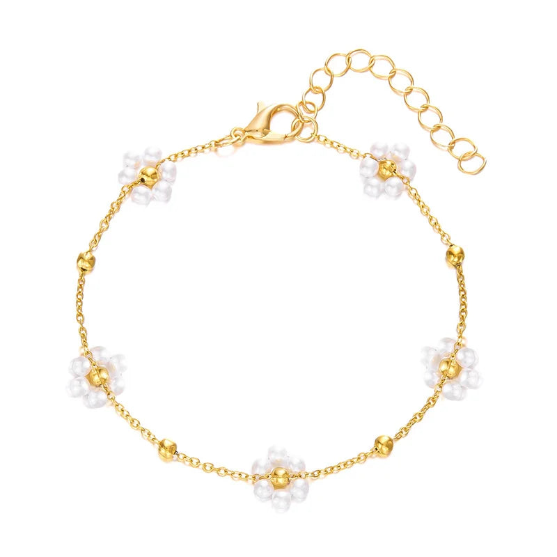 Sweet Cute Crystal Pearl Flower Bracelets for Women Fashion Gold Color Chain Charm Bracelet Necklace Jewelry Wholesale