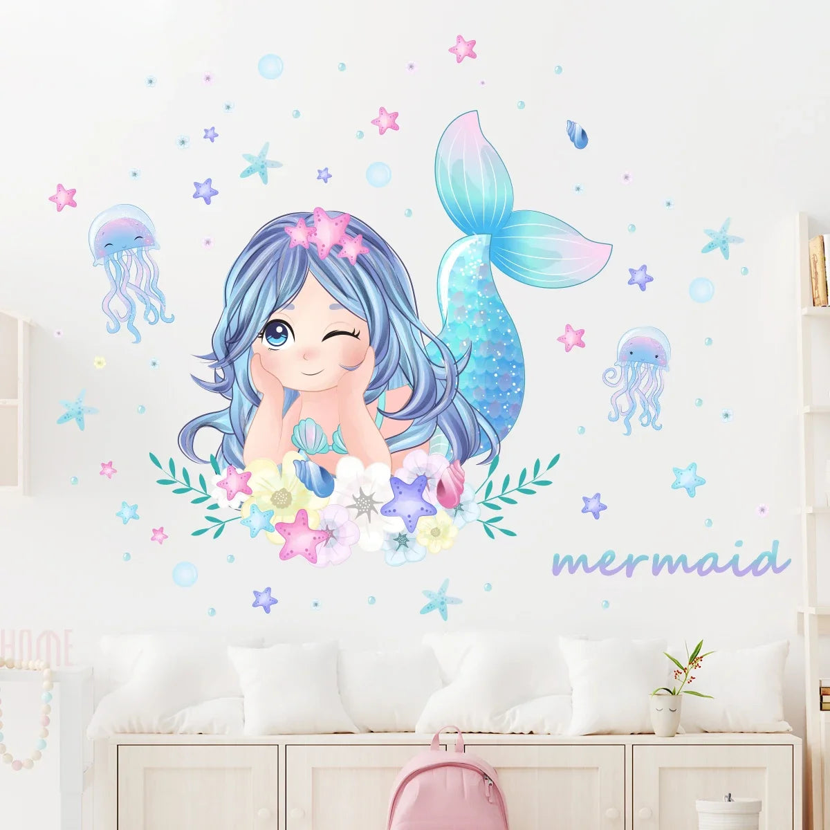 Cute Cartoon Mermaid Jellyfish Starfish Wall Stickers for Kids Room Decor Bedroom Living Room Home Decoration Wall Decals