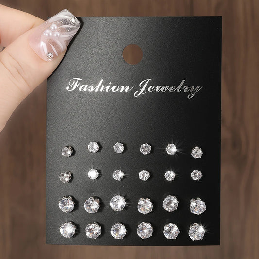 Maximum 12 Pairs Shiny Zircon Stud Earrings Set for Women Men Daily Versatile Chic Silver Color Crystal Ear Jewelry Accessories