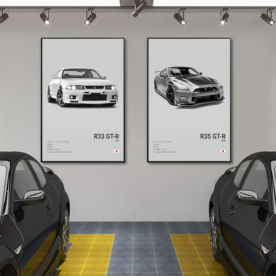 Pop Black and White Japan Cars Luxury Super Sport Car Poster Aesthetic R34 Gtr 240sx Canvas Print for Wall Art Garage Room Decor