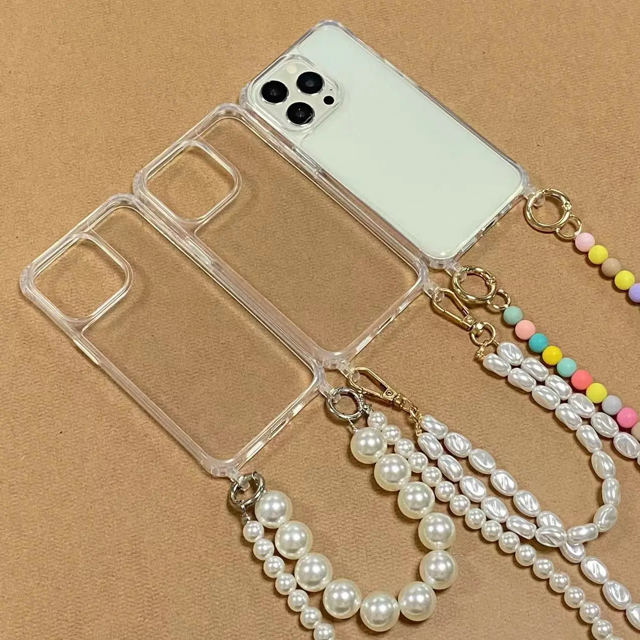 Magesafe Transparent Phone crossbody strap cell phone accessories fashion bead neck lanyard For iPhone 15 14 13 Pro 12 mini 7 8