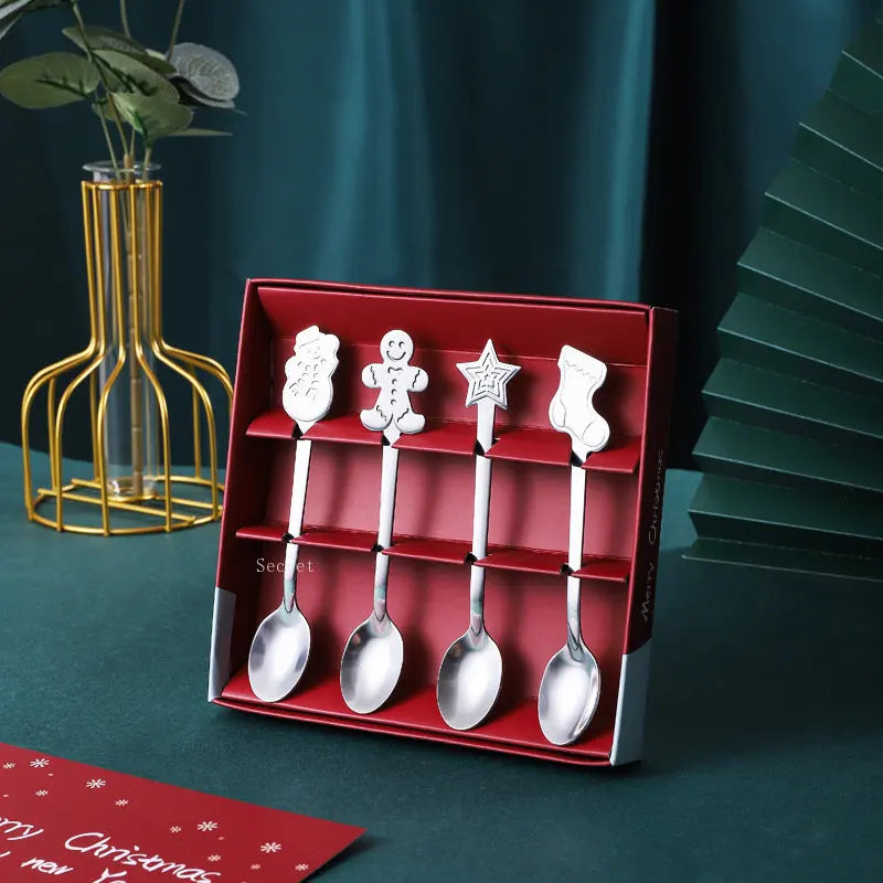 4PCS Christmas Coffee Spoons with Gift Box Teaspoons Dessert Stainless Steel Spoons Tableware Christmas Gift New Year 2021